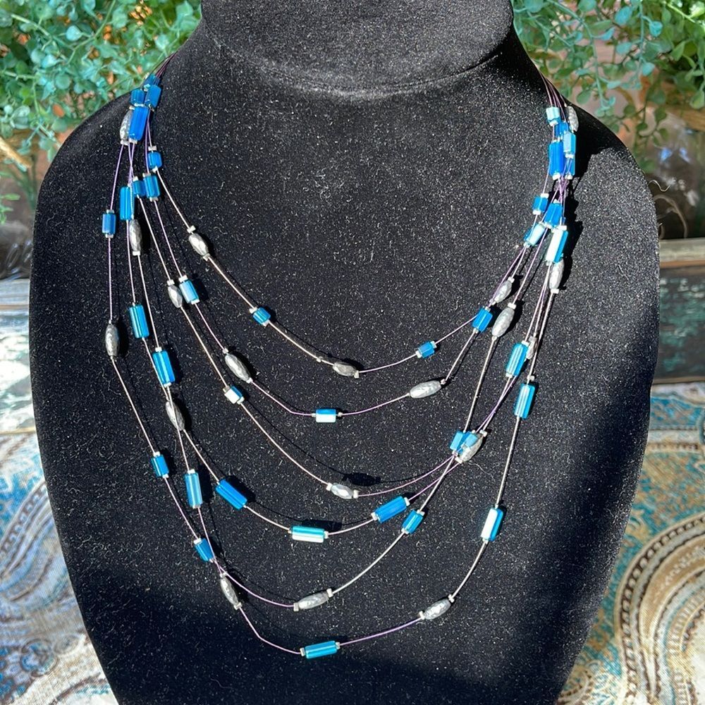 Chico’s Floating Necklace Aqua Blue Gunmetal Purple Thread Multi Strand